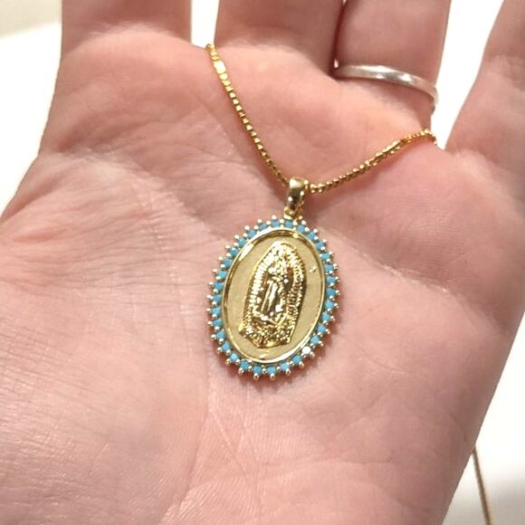 18k Gold Plated Necklace Virgin Mother Mary Cross turquoise Christian Gift NEW - Picture 6 of 7